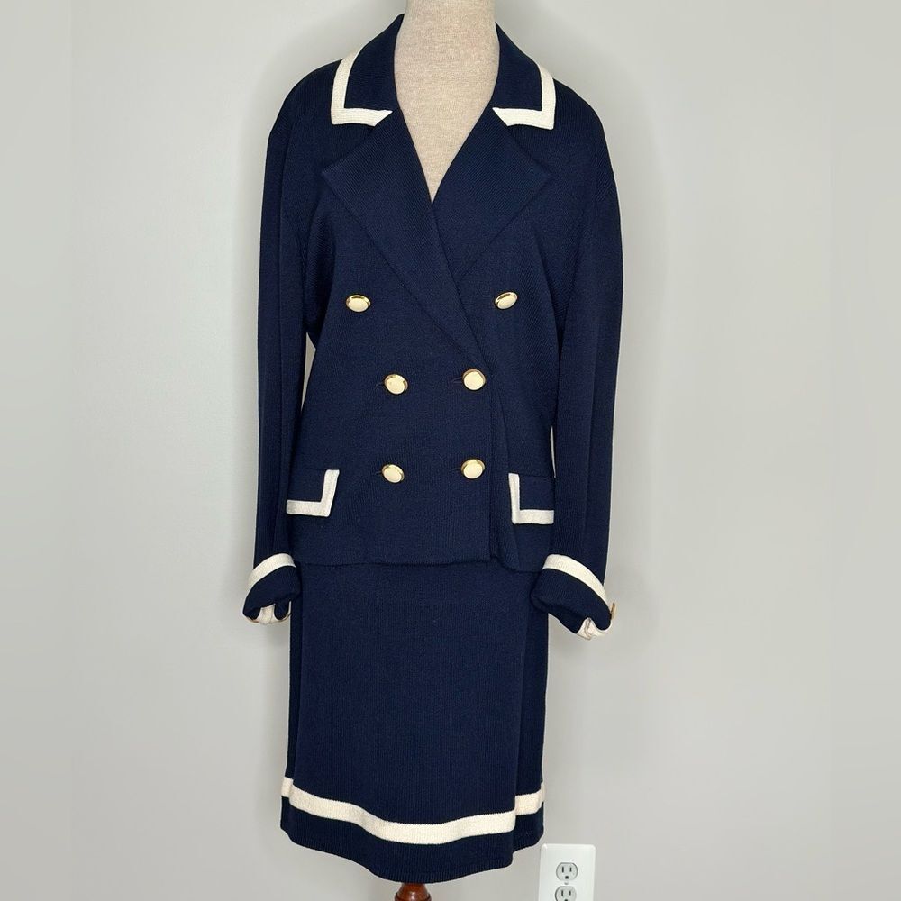 St. John by Marie Gray 2Pc Skirt Suit Santana Knit Double Breasted Blue Cream 14